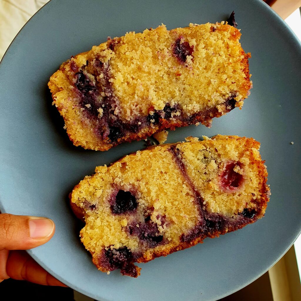 Moist Lemon Blueberry Loaf on a plate